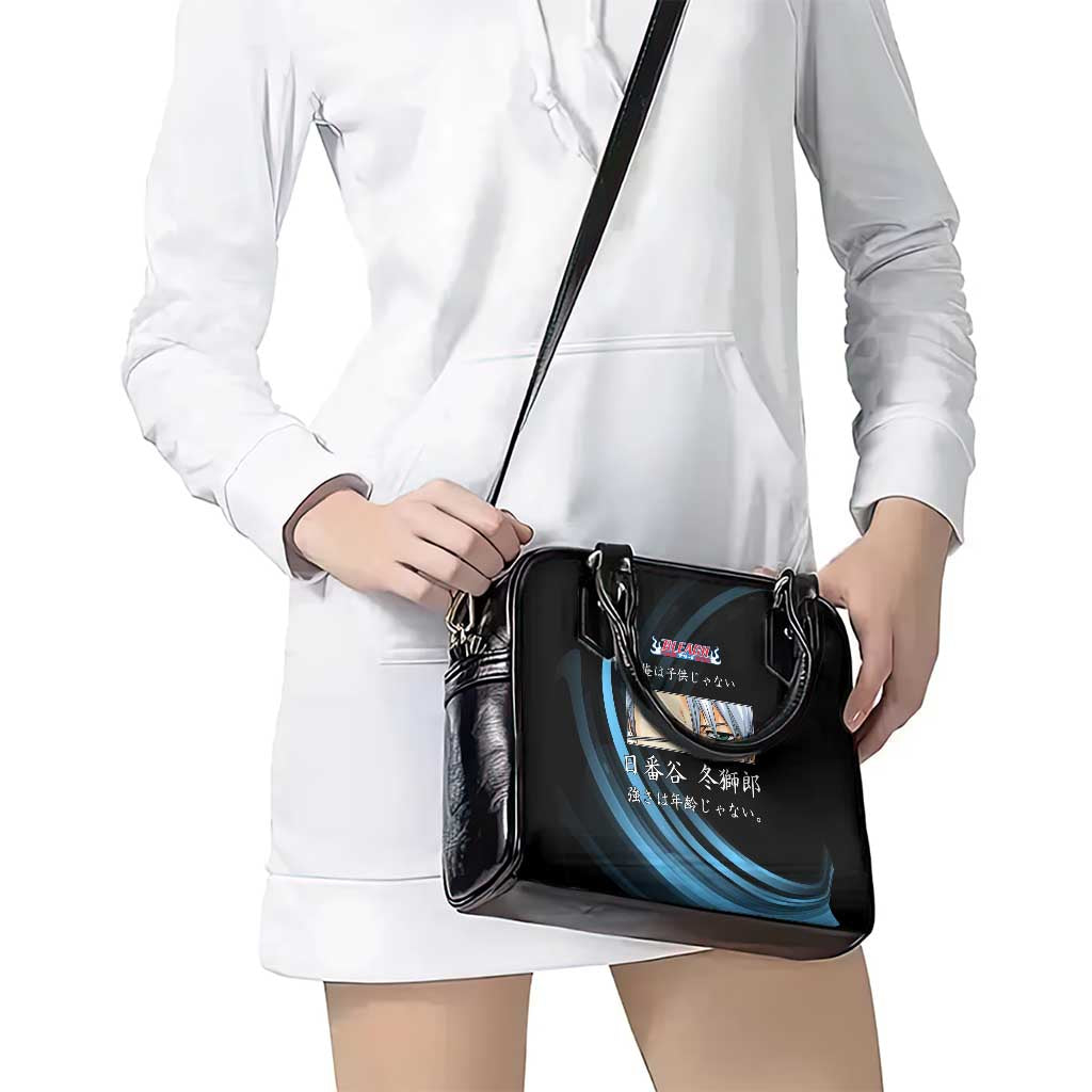 Toshiro Hitsugaya Bleach Anime Black and Blue Theme Shoulder Handbag with Ice Dragon Elements and Japanese Quote Design - The Mazicc