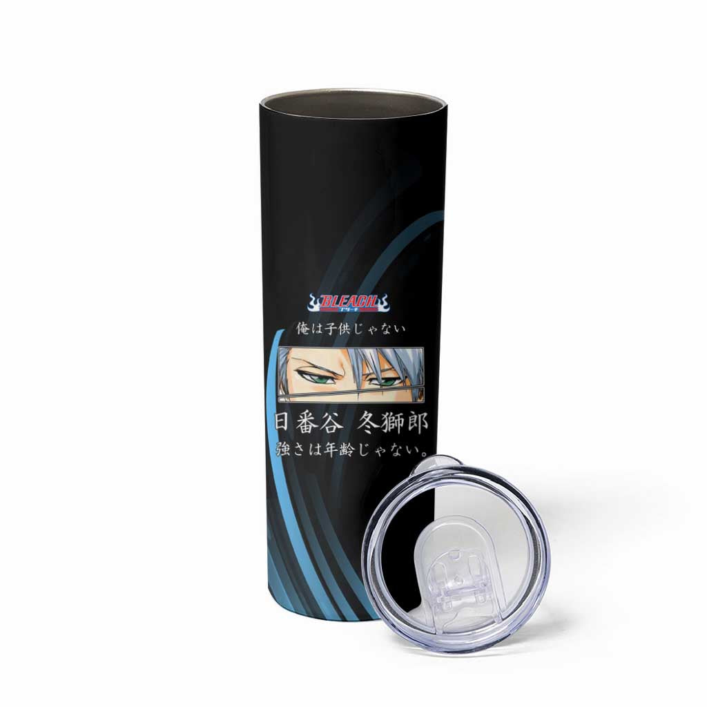 Toshiro Hitsugaya Bleach Anime Black and Blue Theme Skinny Tumbler with Ice Dragon Elements and Japanese Quote Design - The Mazicc