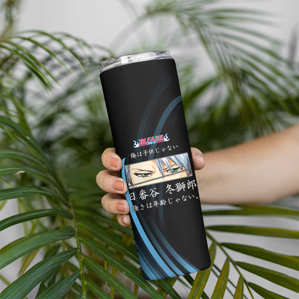 Toshiro Hitsugaya Bleach Anime Black and Blue Theme Skinny Tumbler with Ice Dragon Elements and Japanese Quote Design - The Mazicc
