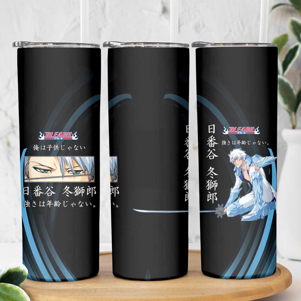 Toshiro Hitsugaya Bleach Anime Black and Blue Theme Skinny Tumbler with Ice Dragon Elements and Japanese Quote Design - The Mazicc