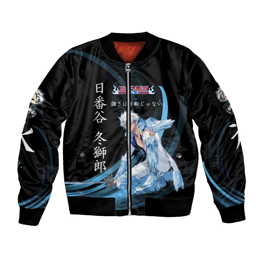 Toshiro Hitsugaya Bleach Anime Black and Blue Theme Sleeve Zip Bomber Jacket with Ice Dragon Elements and Japanese Quote Design - The Mazicc