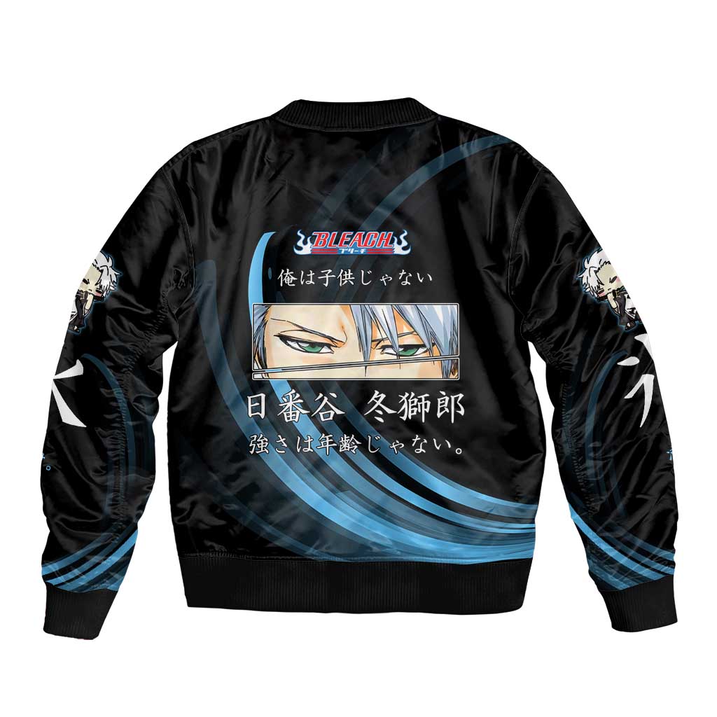 Toshiro Hitsugaya Bleach Anime Black and Blue Theme Sleeve Zip Bomber Jacket with Ice Dragon Elements and Japanese Quote Design - The Mazicc