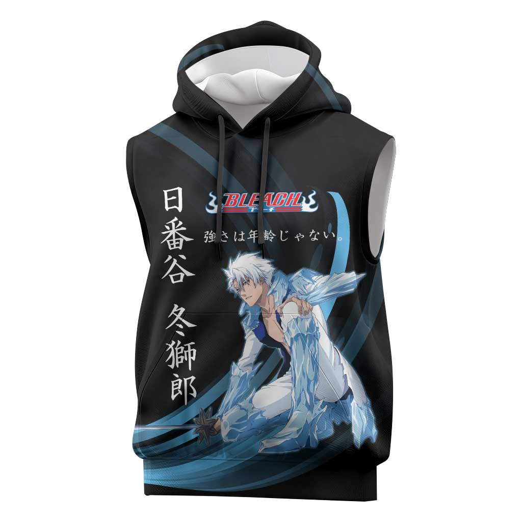 Toshiro Hitsugaya Bleach Anime Black and Blue Theme Sleeveless Hoodie with Ice Dragon Elements and Japanese Quote Design - The Mazicc