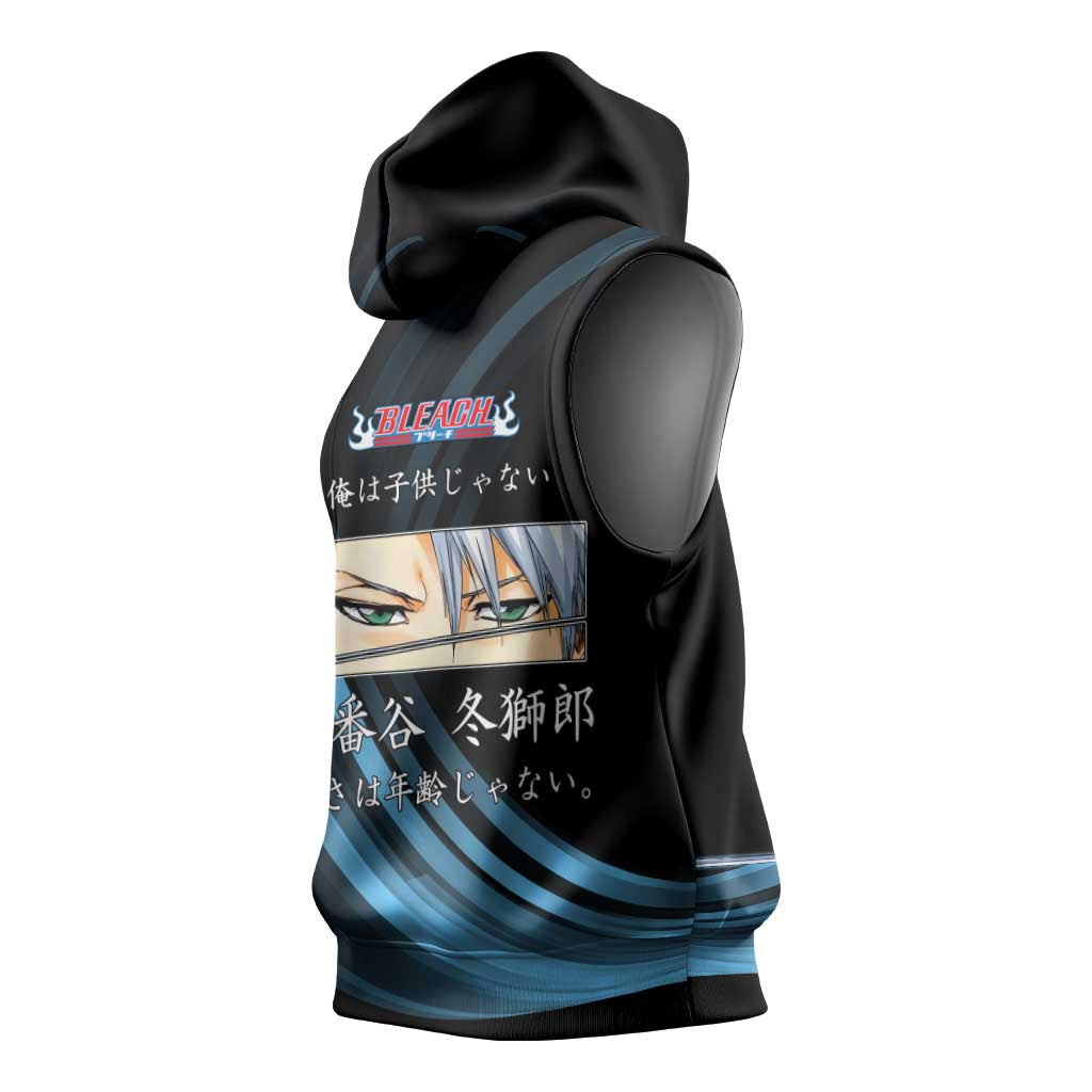 Toshiro Hitsugaya Bleach Anime Black and Blue Theme Sleeveless Hoodie with Ice Dragon Elements and Japanese Quote Design - The Mazicc