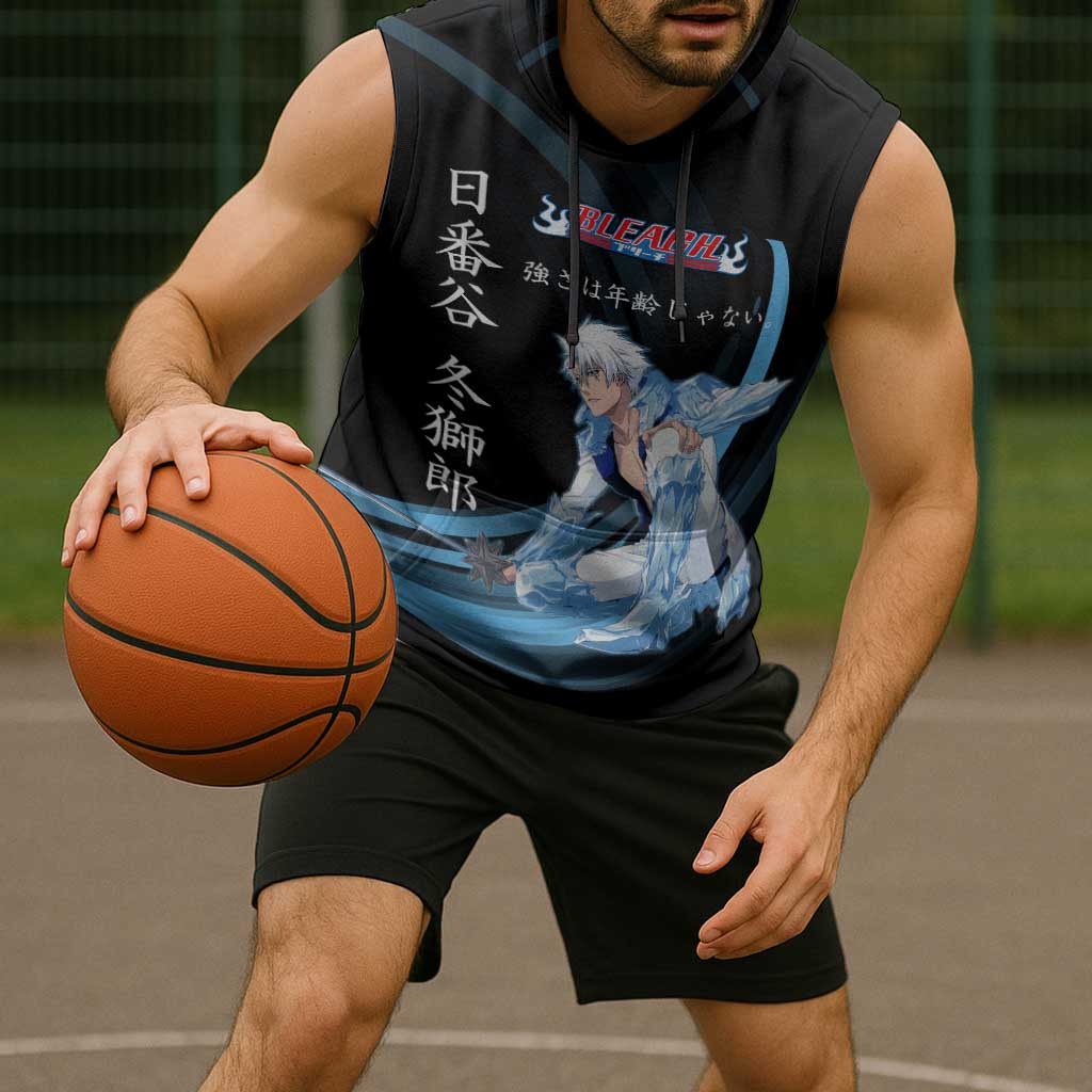 Toshiro Hitsugaya Bleach Anime Black and Blue Theme Sleeveless Hoodie with Ice Dragon Elements and Japanese Quote Design - The Mazicc