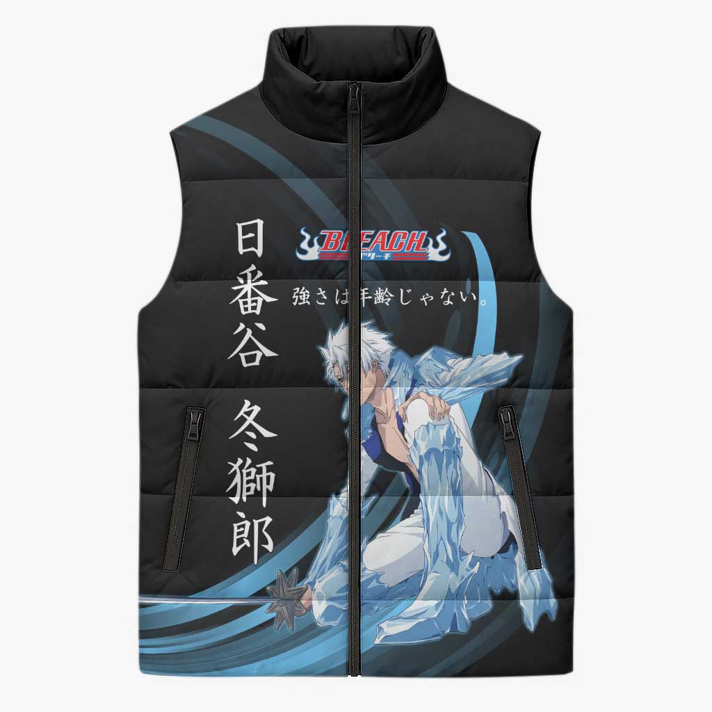 Toshiro Hitsugaya Bleach Anime Black and Blue Theme Sleeveless Puffer Jacket with Ice Dragon Elements and Japanese Quote Design - The Mazicc