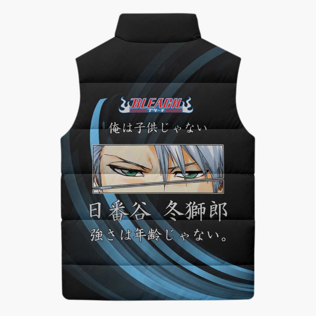 Toshiro Hitsugaya Bleach Anime Black and Blue Theme Sleeveless Puffer Jacket with Ice Dragon Elements and Japanese Quote Design - The Mazicc