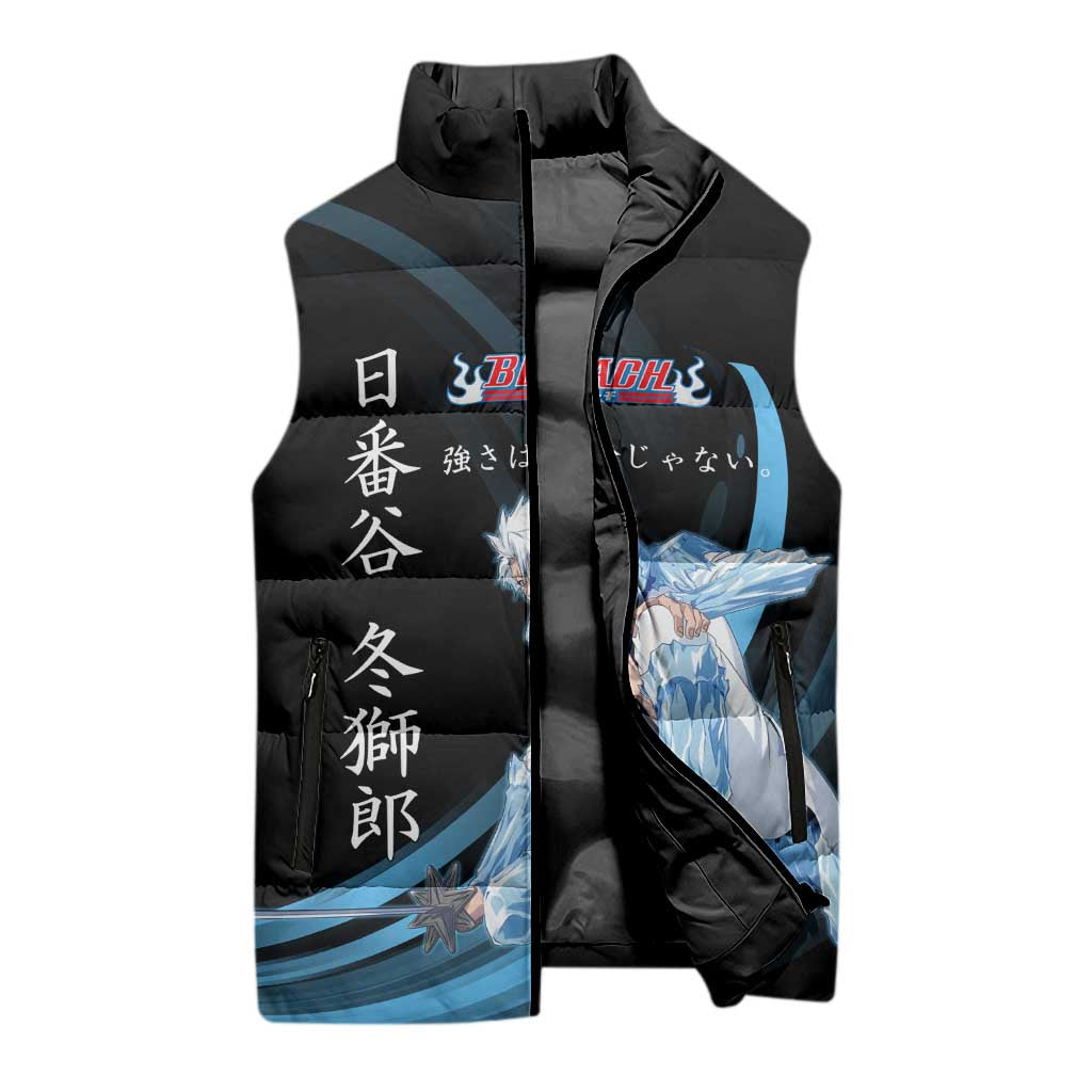 Toshiro Hitsugaya Bleach Anime Black and Blue Theme Sleeveless Puffer Jacket with Ice Dragon Elements and Japanese Quote Design - The Mazicc