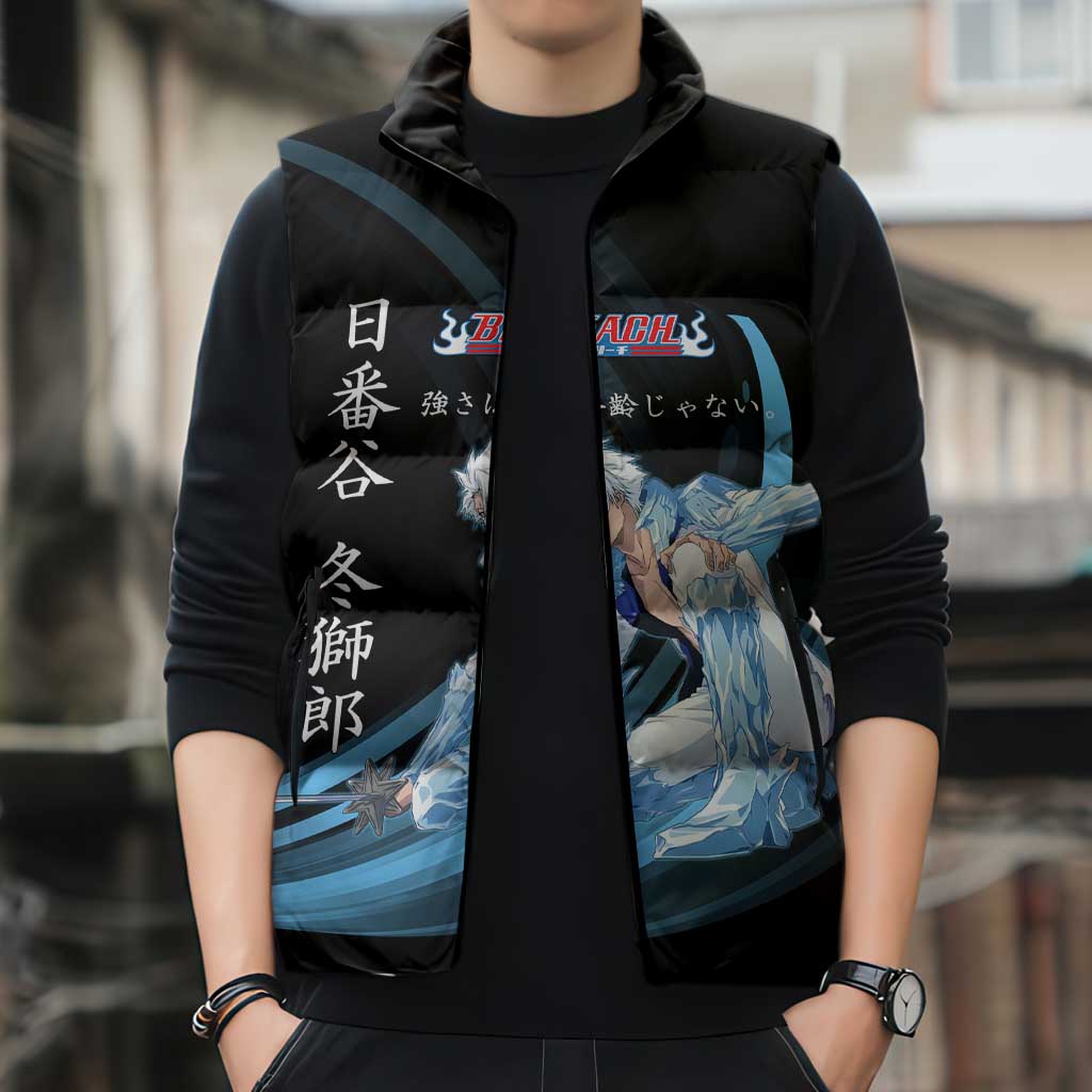 Toshiro Hitsugaya Bleach Anime Black and Blue Theme Sleeveless Puffer Jacket with Ice Dragon Elements and Japanese Quote Design - The Mazicc