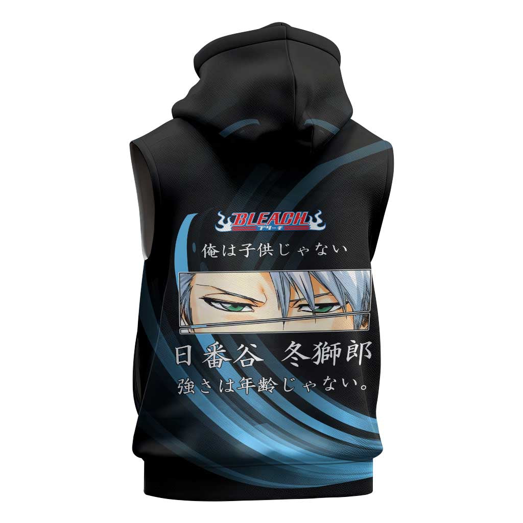 Toshiro Hitsugaya Bleach Anime Black and Blue Theme Sleeveless Zip Hoodie with Ice Dragon Elements and Japanese Quote Design - The Mazicc