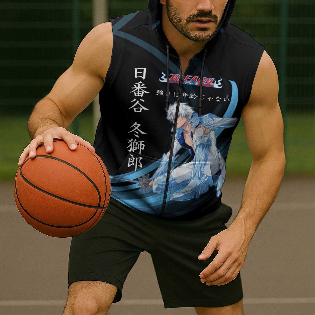 Toshiro Hitsugaya Bleach Anime Black and Blue Theme Sleeveless Zip Hoodie with Ice Dragon Elements and Japanese Quote Design - The Mazicc