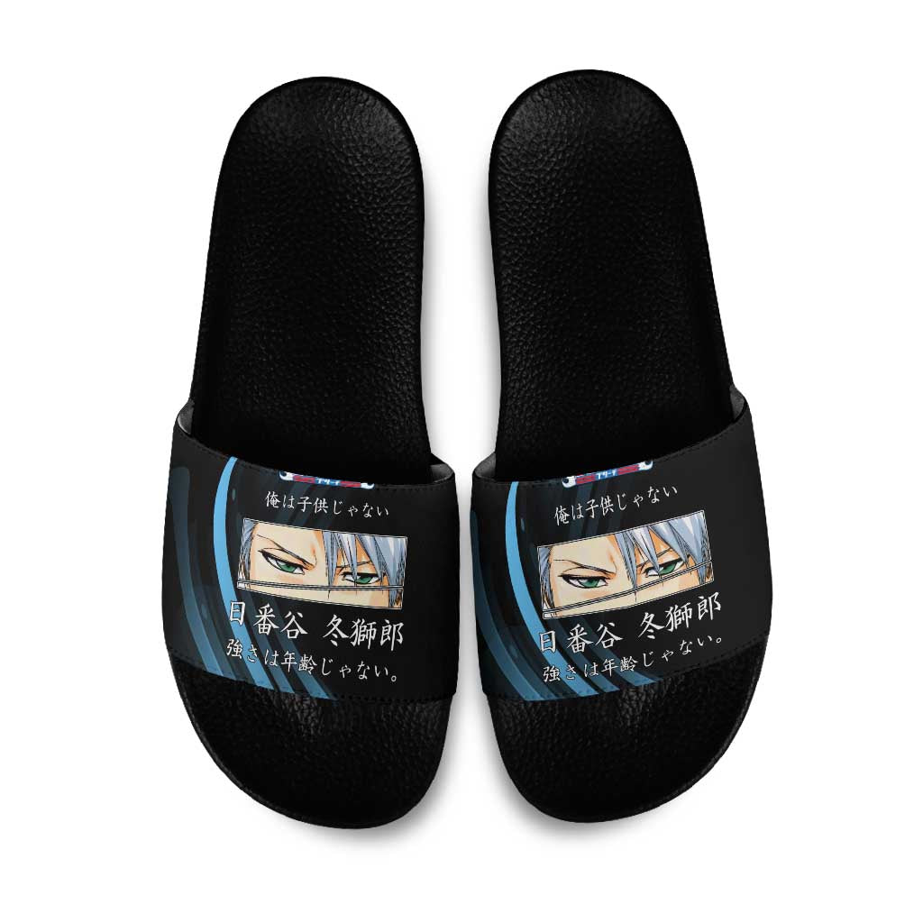Toshiro Hitsugaya Bleach Anime Black and Blue Theme Slide Sandals with Ice Dragon Elements and Japanese Quote Design - The Mazicc