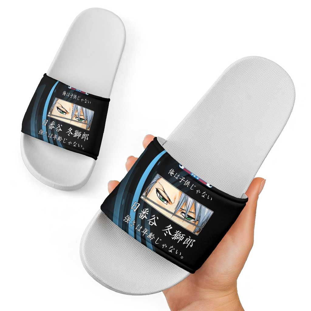 Toshiro Hitsugaya Bleach Anime Black and Blue Theme Slide Sandals with Ice Dragon Elements and Japanese Quote Design - The Mazicc