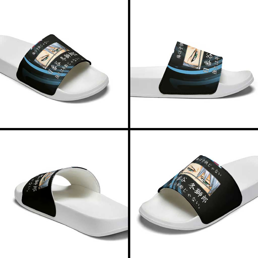 Toshiro Hitsugaya Bleach Anime Black and Blue Theme Slide Sandals with Ice Dragon Elements and Japanese Quote Design - The Mazicc