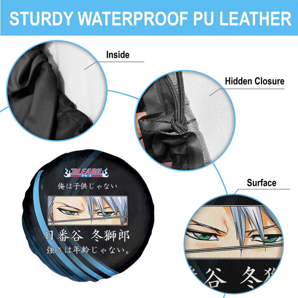 Toshiro Hitsugaya Bleach Anime Black and Blue Theme Spare Tire Cover with Ice Dragon Elements and Japanese Quote Design - The Mazicc