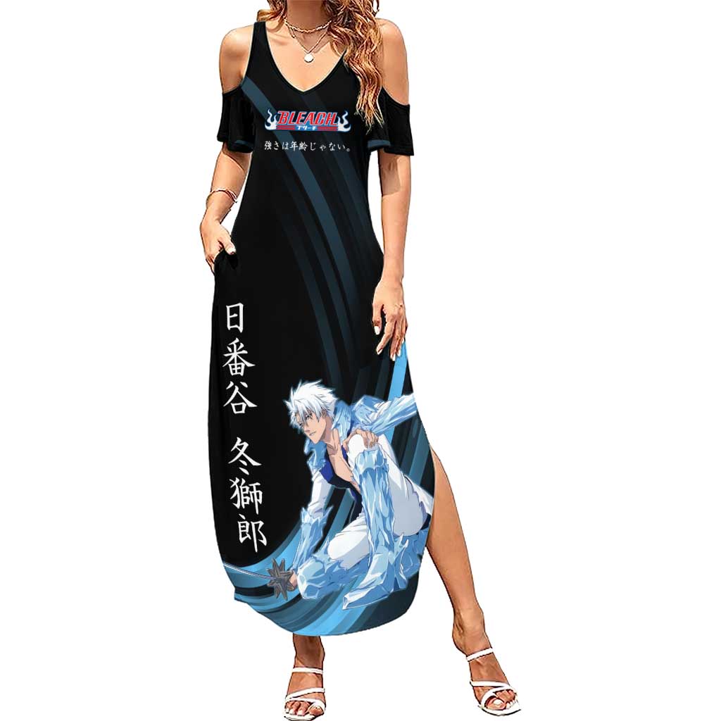 Toshiro Hitsugaya Bleach Anime Black and Blue Theme Summer Maxi Dress with Ice Dragon Elements and Japanese Quote Design - The Mazicc