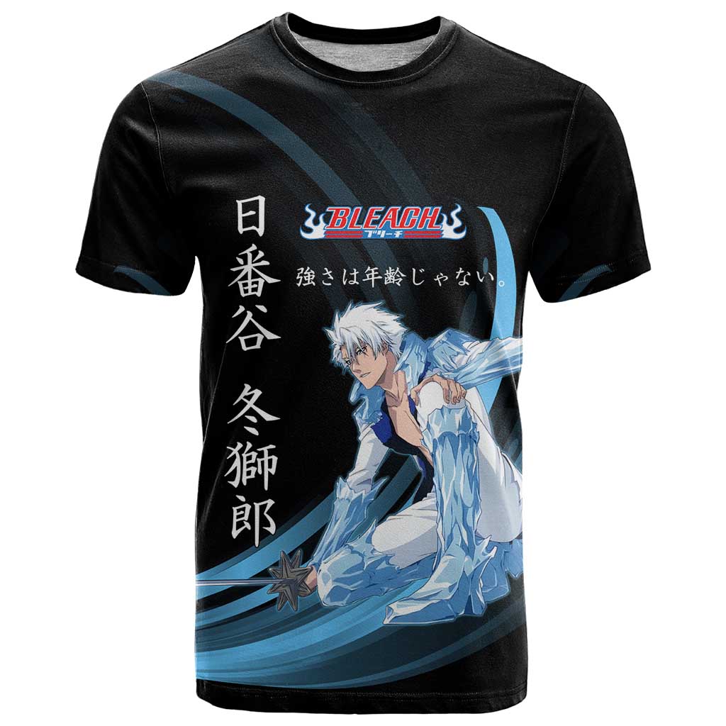 Toshiro Hitsugaya Bleach Anime Black and Blue Theme T Shirt with Ice Dragon Elements and Japanese Quote Design - The Mazicc