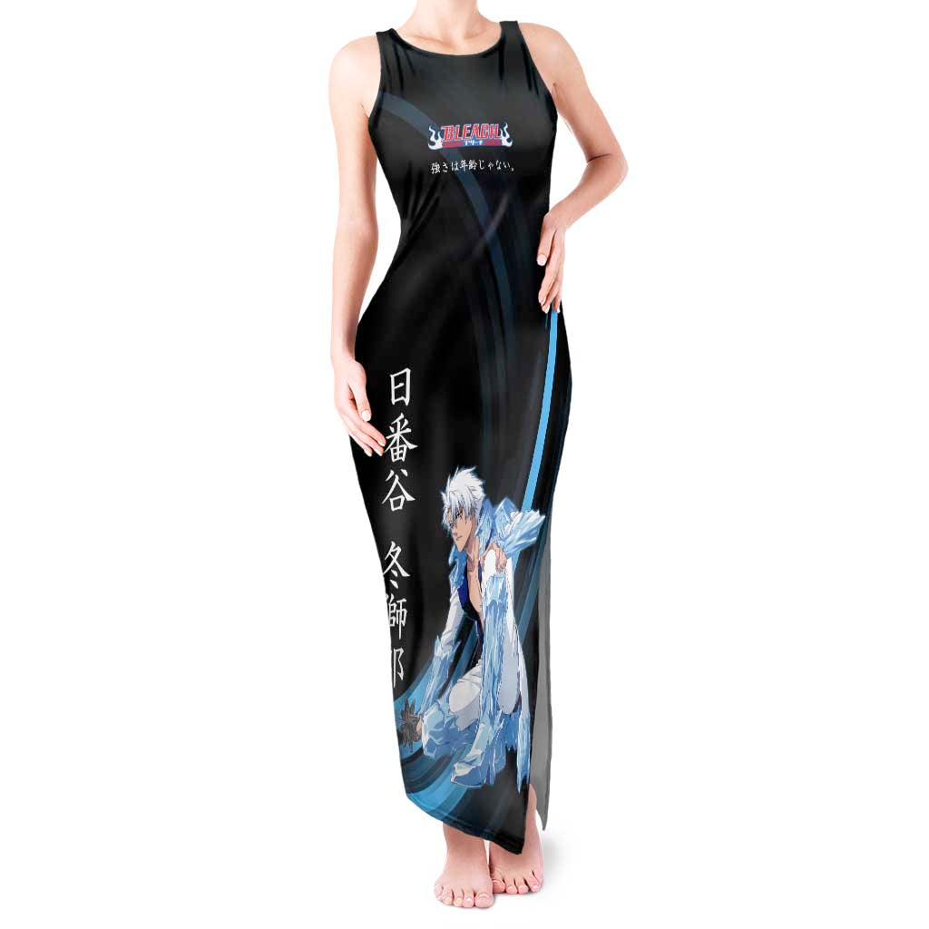 Toshiro Hitsugaya Bleach Anime Black and Blue Theme Tank Maxi Dress with Ice Dragon Elements and Japanese Quote Design - The Mazicc