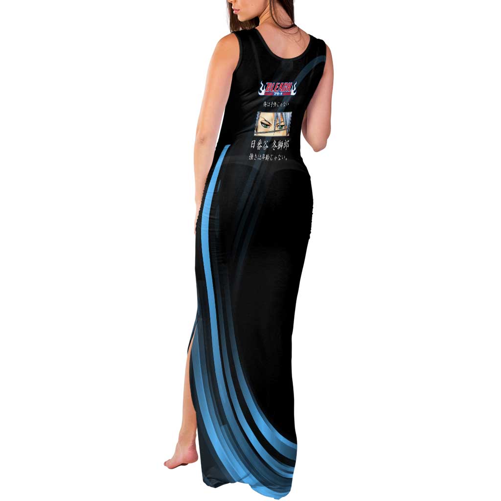 Toshiro Hitsugaya Bleach Anime Black and Blue Theme Tank Maxi Dress with Ice Dragon Elements and Japanese Quote Design - The Mazicc
