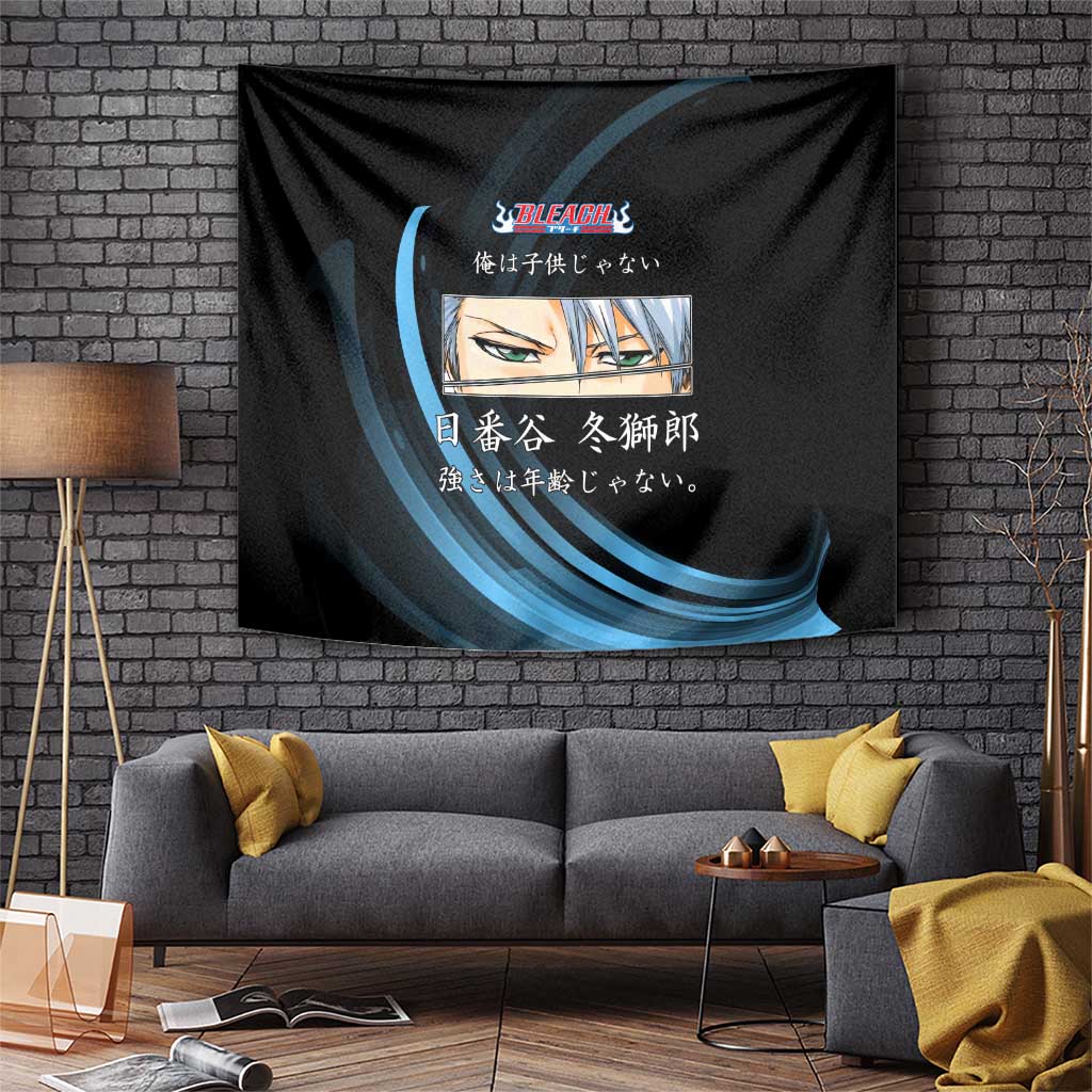 Toshiro Hitsugaya Bleach Anime Black and Blue Theme Tapestry with Ice Dragon Elements and Japanese Quote Design - The Mazicc