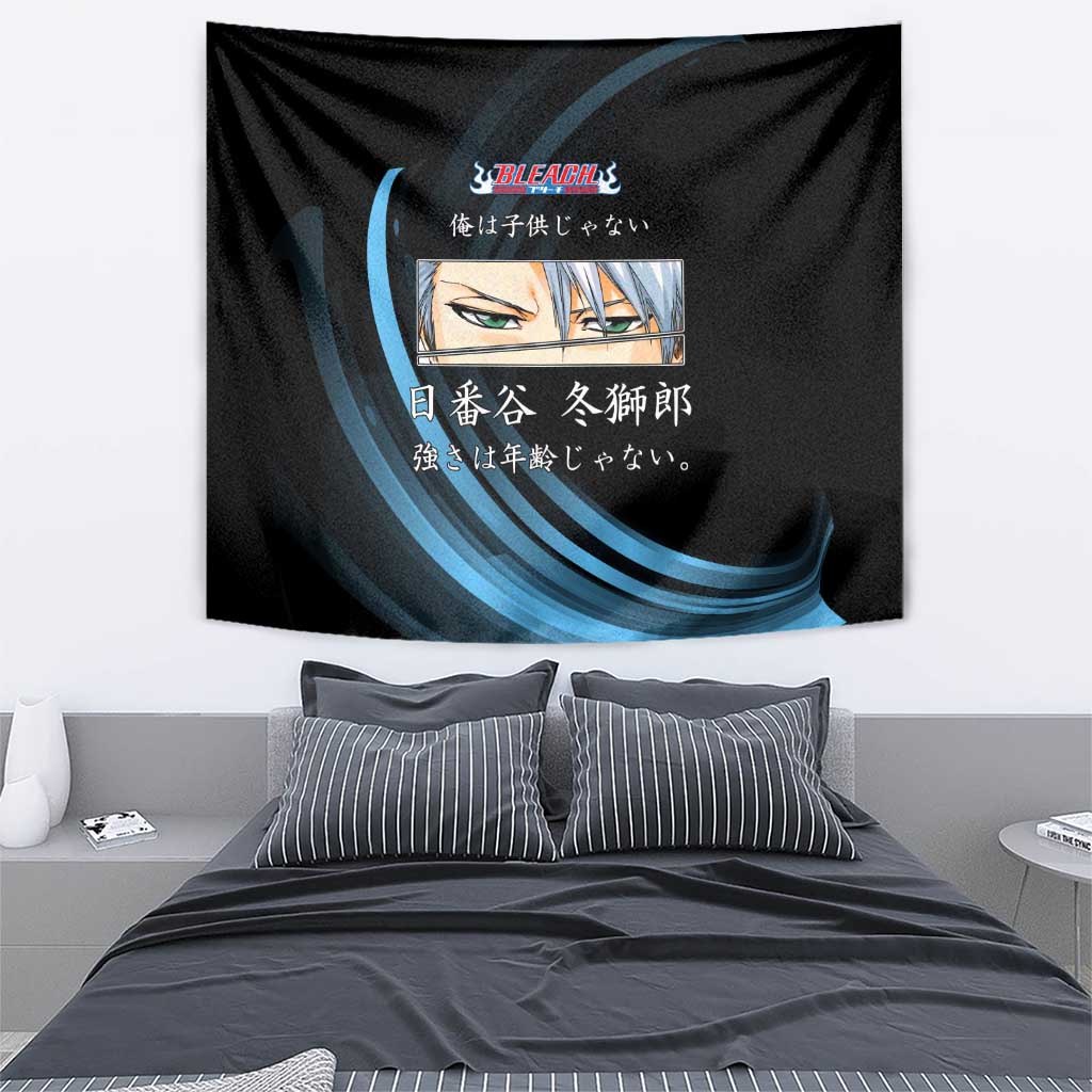 Toshiro Hitsugaya Bleach Anime Black and Blue Theme Tapestry with Ice Dragon Elements and Japanese Quote Design - The Mazicc