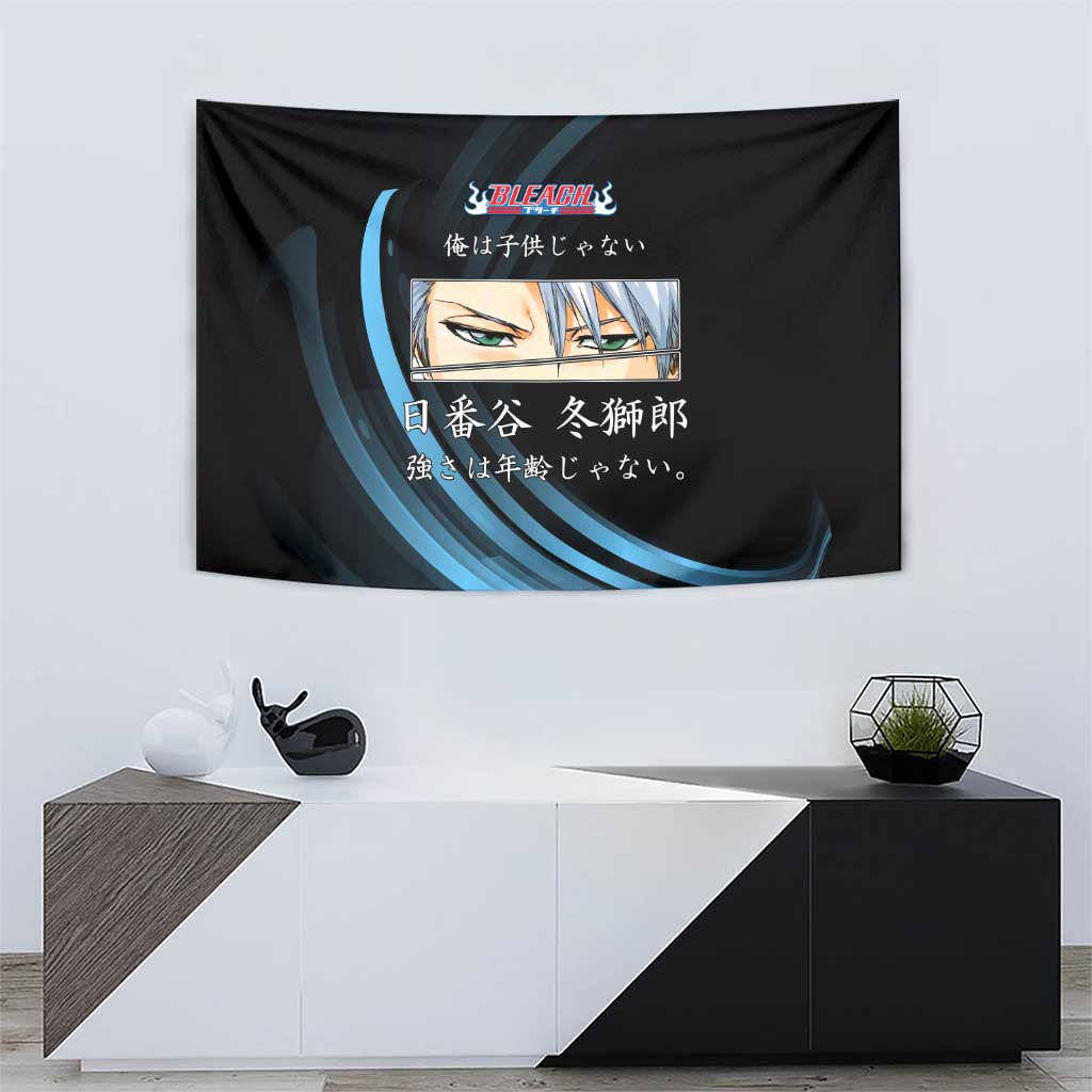 Toshiro Hitsugaya Bleach Anime Black and Blue Theme Tapestry with Ice Dragon Elements and Japanese Quote Design - The Mazicc