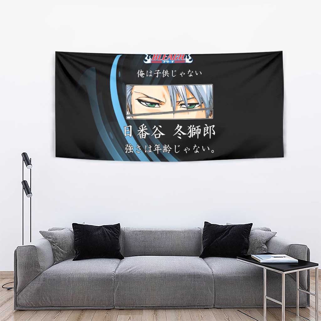 Toshiro Hitsugaya Bleach Anime Black and Blue Theme Tapestry with Ice Dragon Elements and Japanese Quote Design - The Mazicc