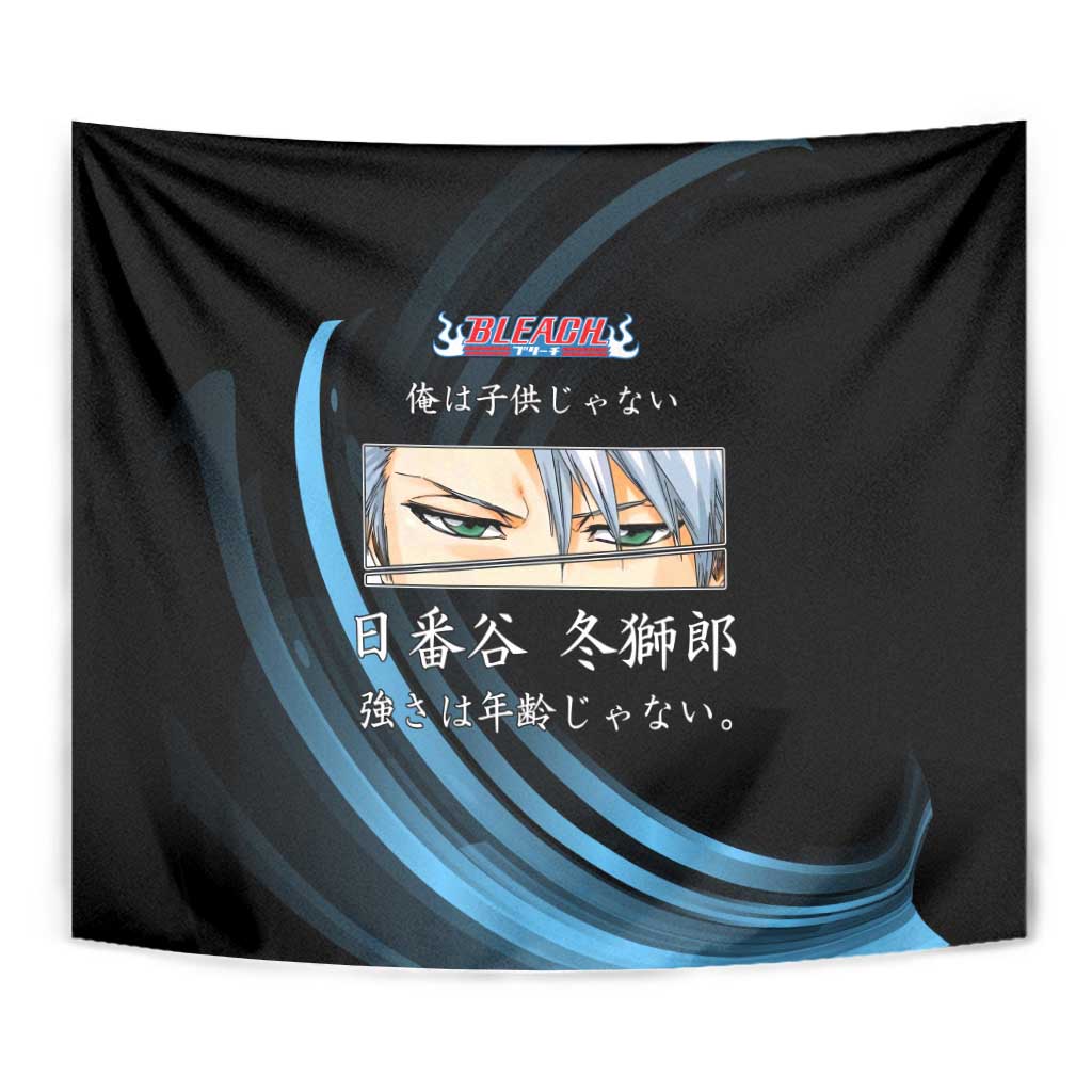 Toshiro Hitsugaya Bleach Anime Black and Blue Theme Tapestry with Ice Dragon Elements and Japanese Quote Design - The Mazicc