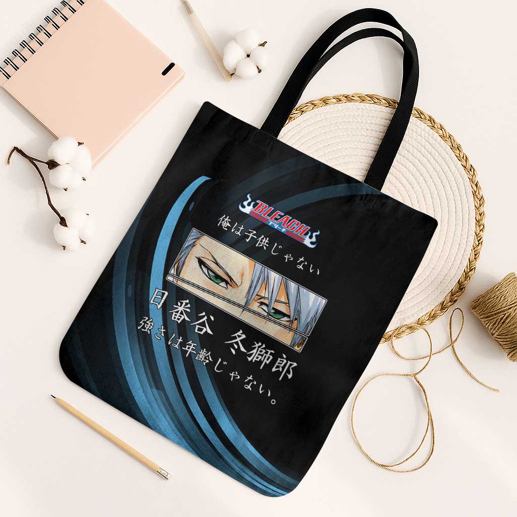 Toshiro Hitsugaya Bleach Anime Black and Blue Theme Tote Bag with Ice Dragon Elements and Japanese Quote Design - The Mazicc
