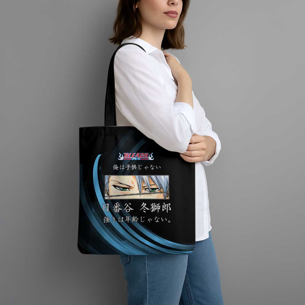 Toshiro Hitsugaya Bleach Anime Black and Blue Theme Tote Bag with Ice Dragon Elements and Japanese Quote Design - The Mazicc