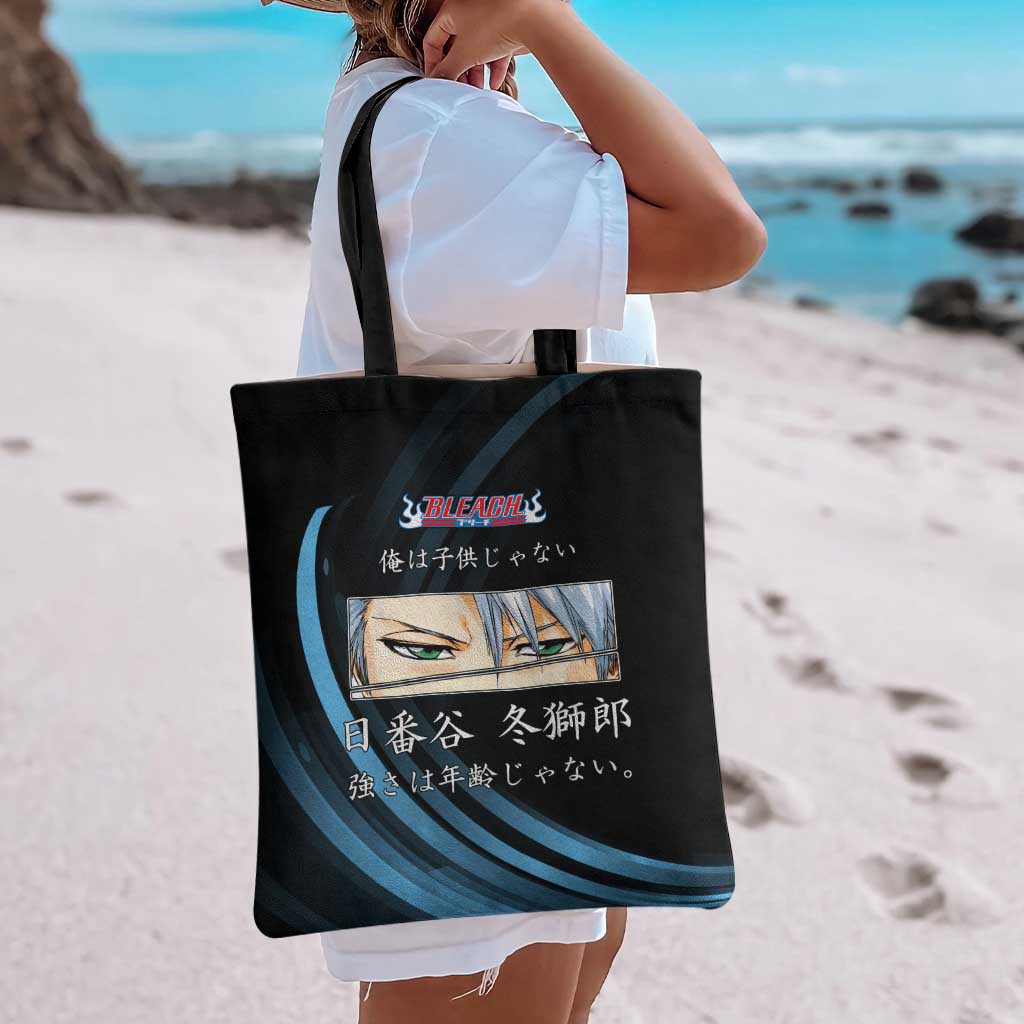 Toshiro Hitsugaya Bleach Anime Black and Blue Theme Tote Bag with Ice Dragon Elements and Japanese Quote Design - The Mazicc