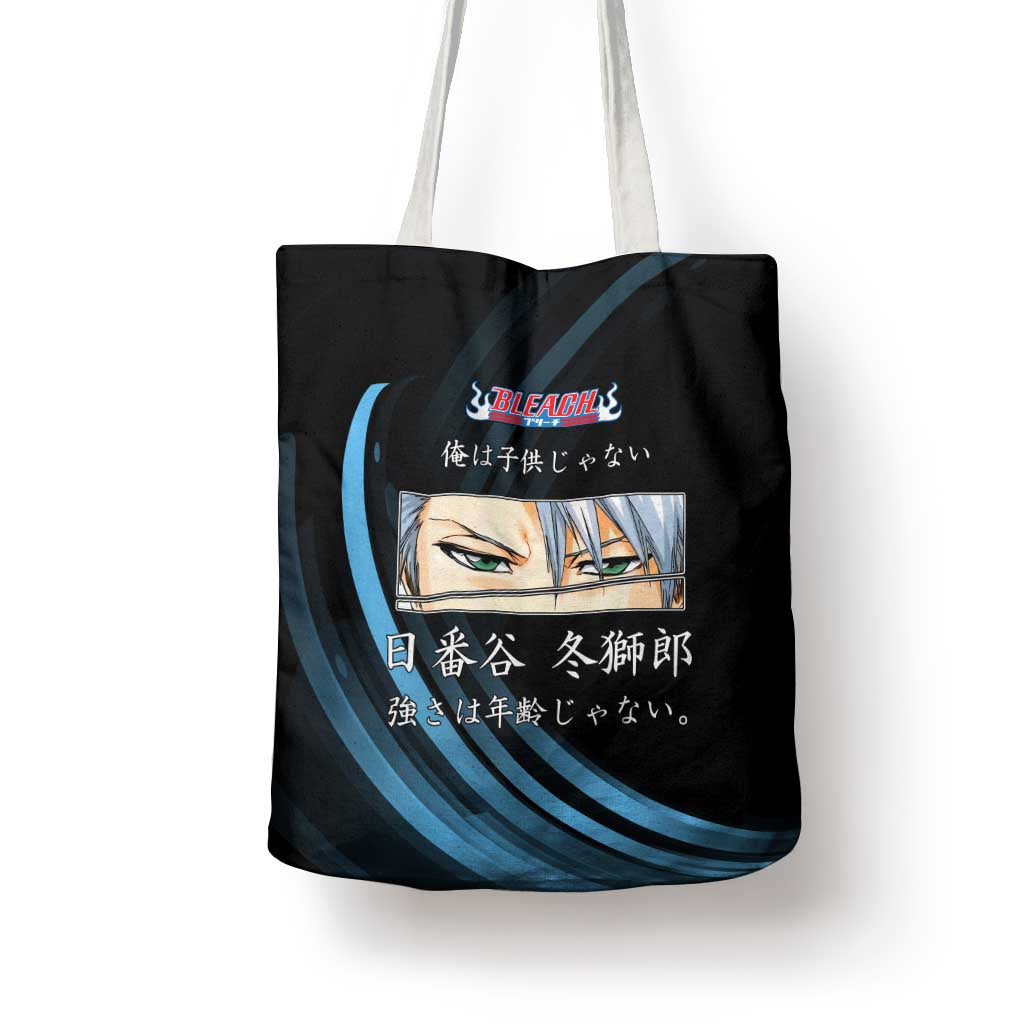 Toshiro Hitsugaya Bleach Anime Black and Blue Theme Tote Bag with Ice Dragon Elements and Japanese Quote Design - The Mazicc