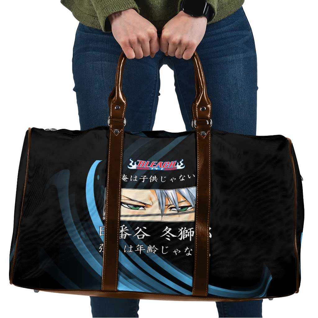 Toshiro Hitsugaya Bleach Anime Black and Blue Theme Travel Bag with Ice Dragon Elements and Japanese Quote Design - The Mazicc