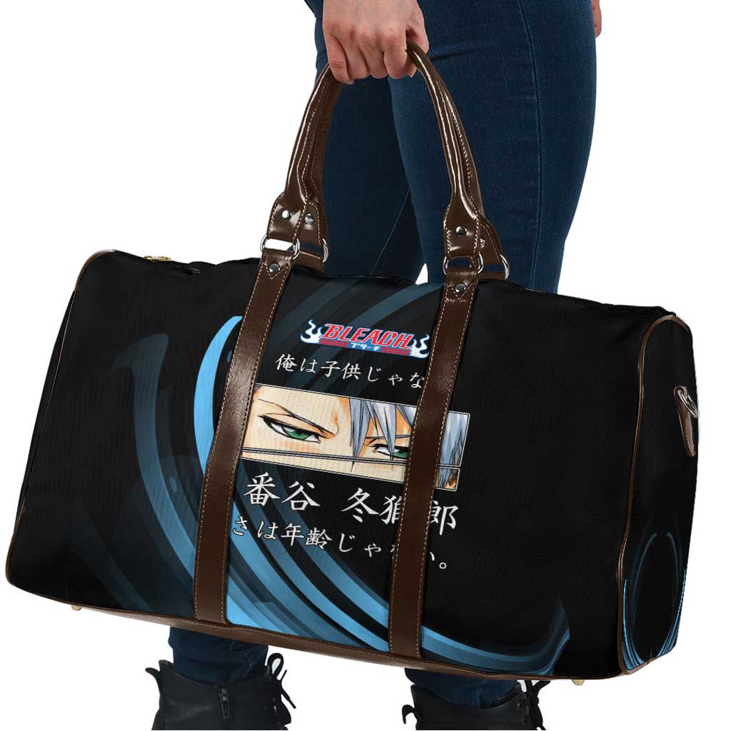 Toshiro Hitsugaya Bleach Anime Black and Blue Theme Travel Bag with Ice Dragon Elements and Japanese Quote Design - The Mazicc