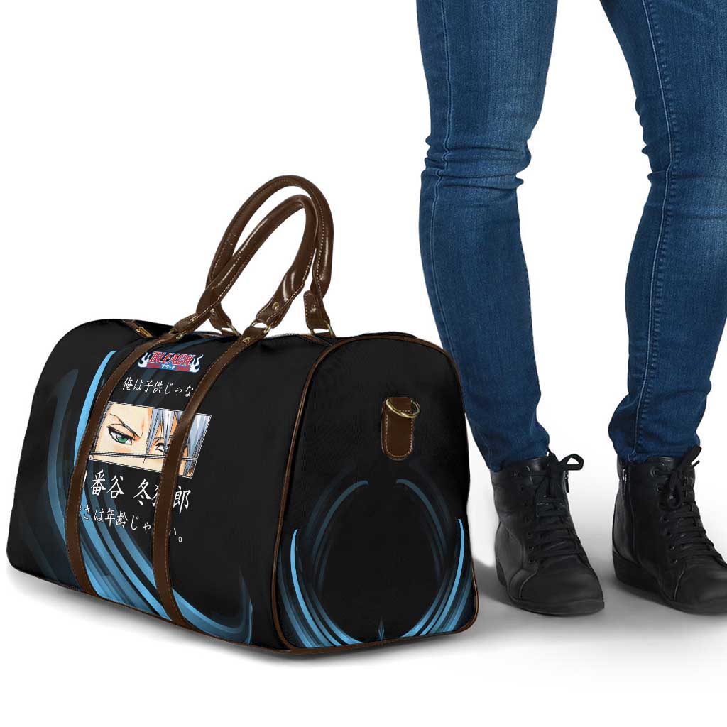 Toshiro Hitsugaya Bleach Anime Black and Blue Theme Travel Bag with Ice Dragon Elements and Japanese Quote Design - The Mazicc