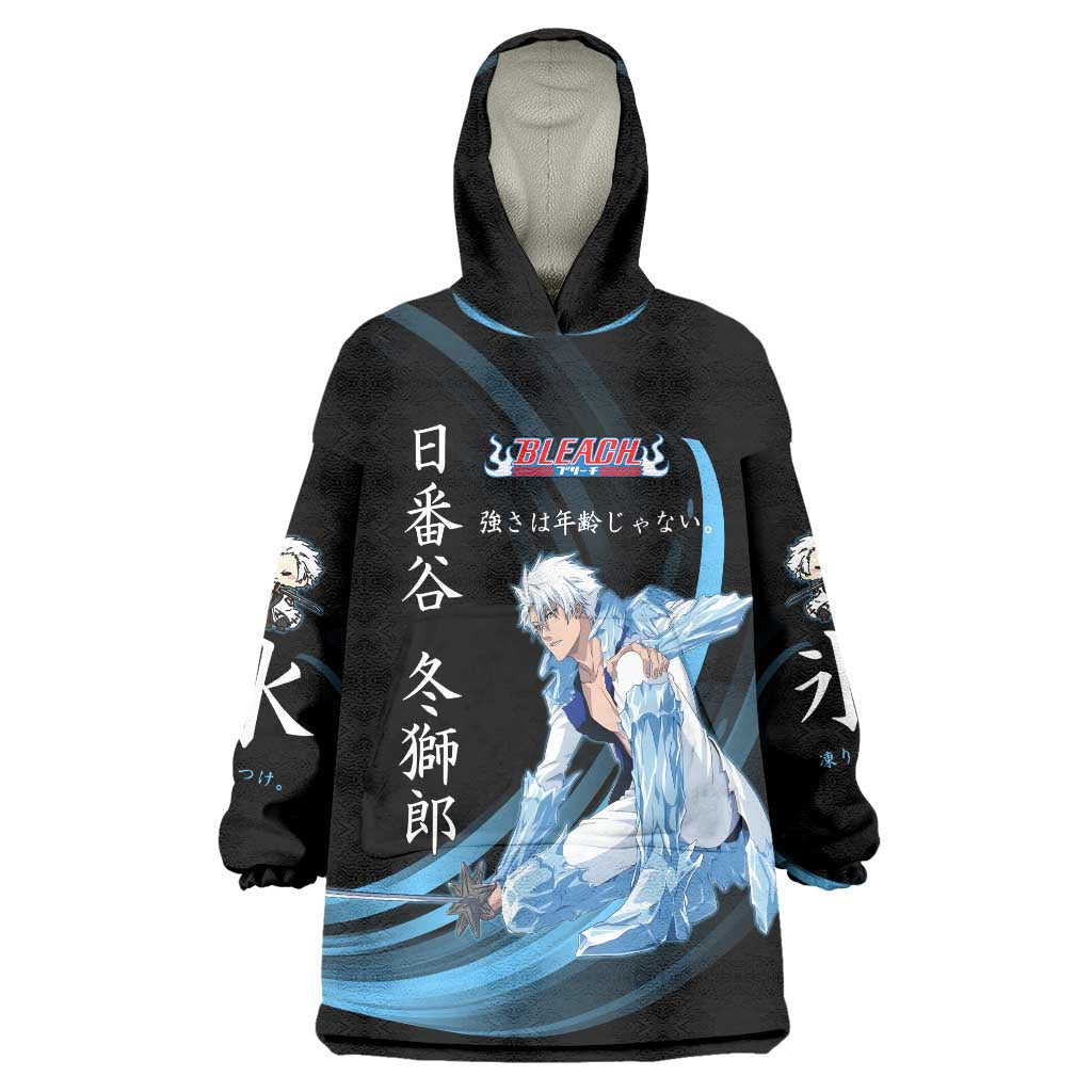 Toshiro Hitsugaya Bleach Anime Black and Blue Theme Wearable Blanket Hoodie with Ice Dragon Elements and Japanese Quote Design - The Mazicc