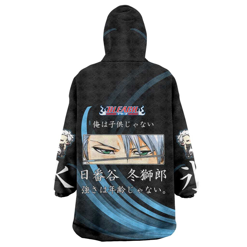 Toshiro Hitsugaya Bleach Anime Black and Blue Theme Wearable Blanket Hoodie with Ice Dragon Elements and Japanese Quote Design - The Mazicc