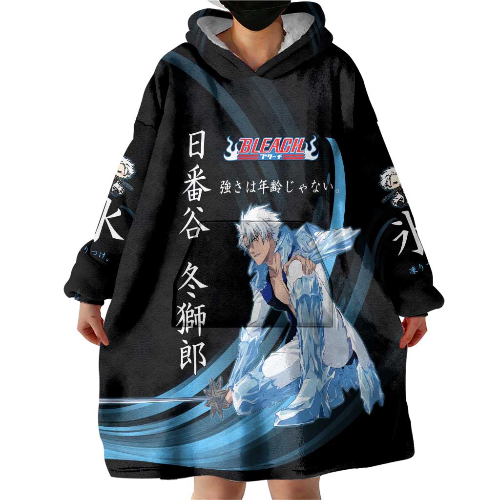Toshiro Hitsugaya Bleach Anime Black and Blue Theme Wearable Blanket Hoodie with Ice Dragon Elements and Japanese Quote Design - The Mazicc