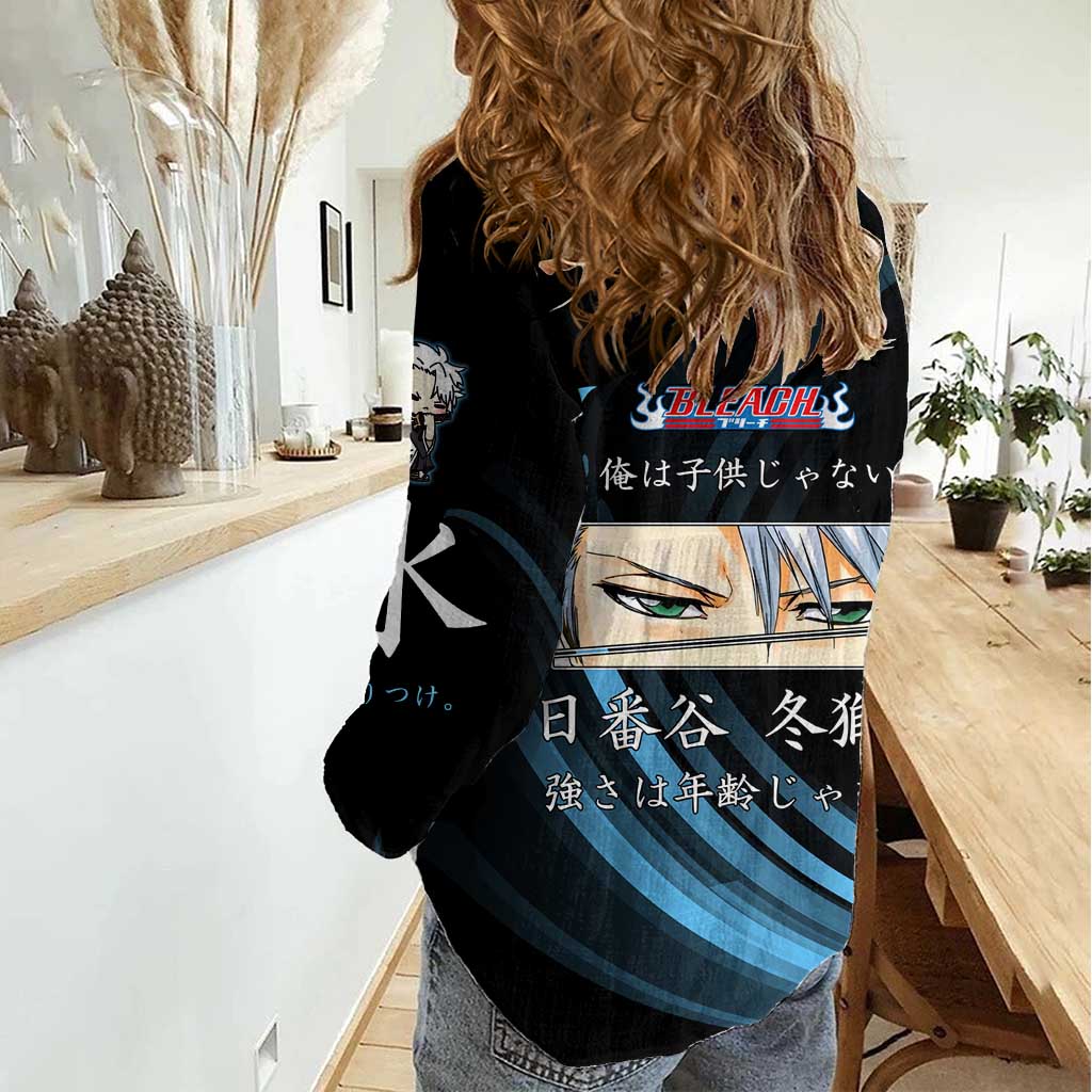 Toshiro Hitsugaya Bleach Anime Black and Blue Theme Women Casual Shirt with Ice Dragon Elements and Japanese Quote Design - The Mazicc