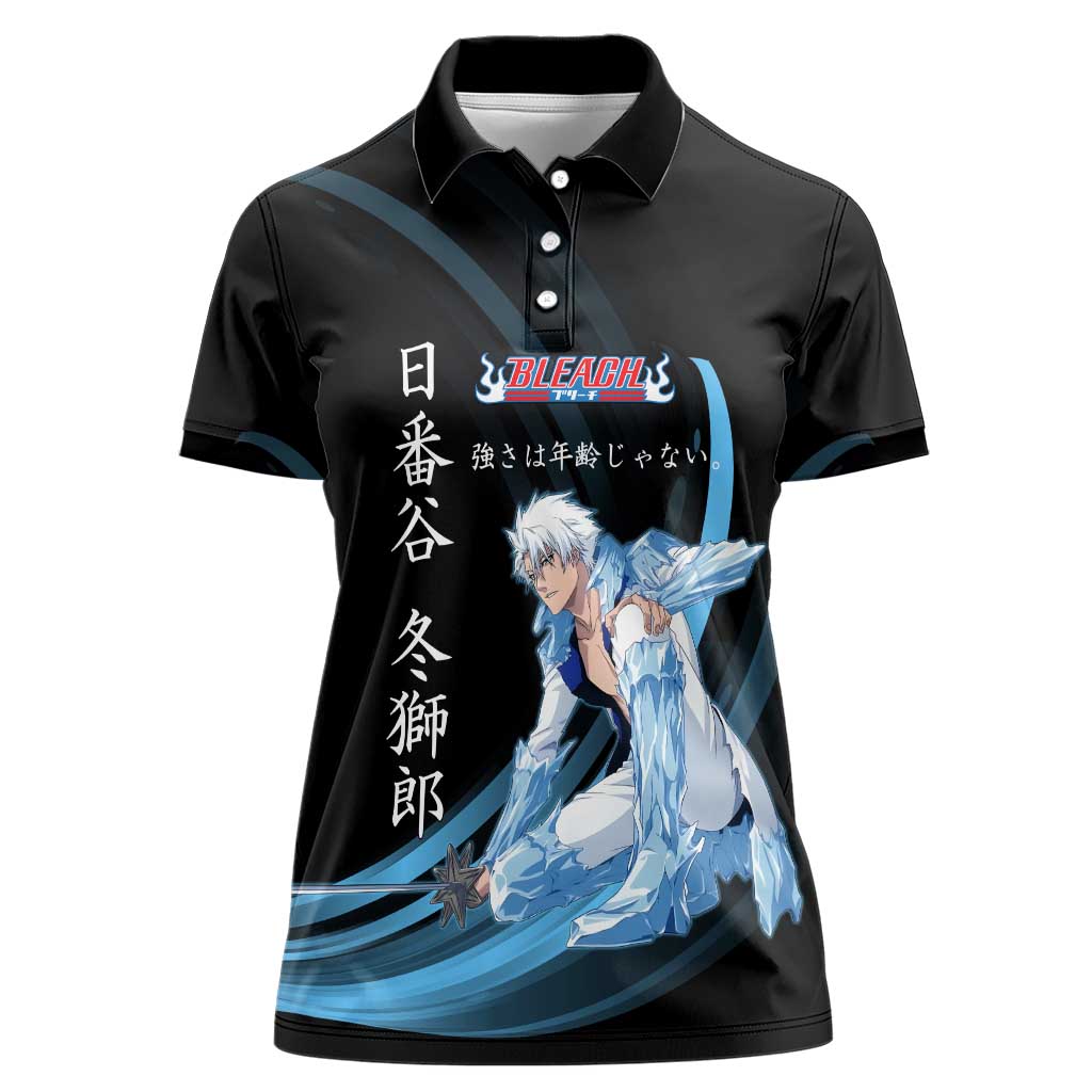 Toshiro Hitsugaya Bleach Anime Black and Blue Theme Women Polo Shirt with Ice Dragon Elements and Japanese Quote Design - The Mazicc