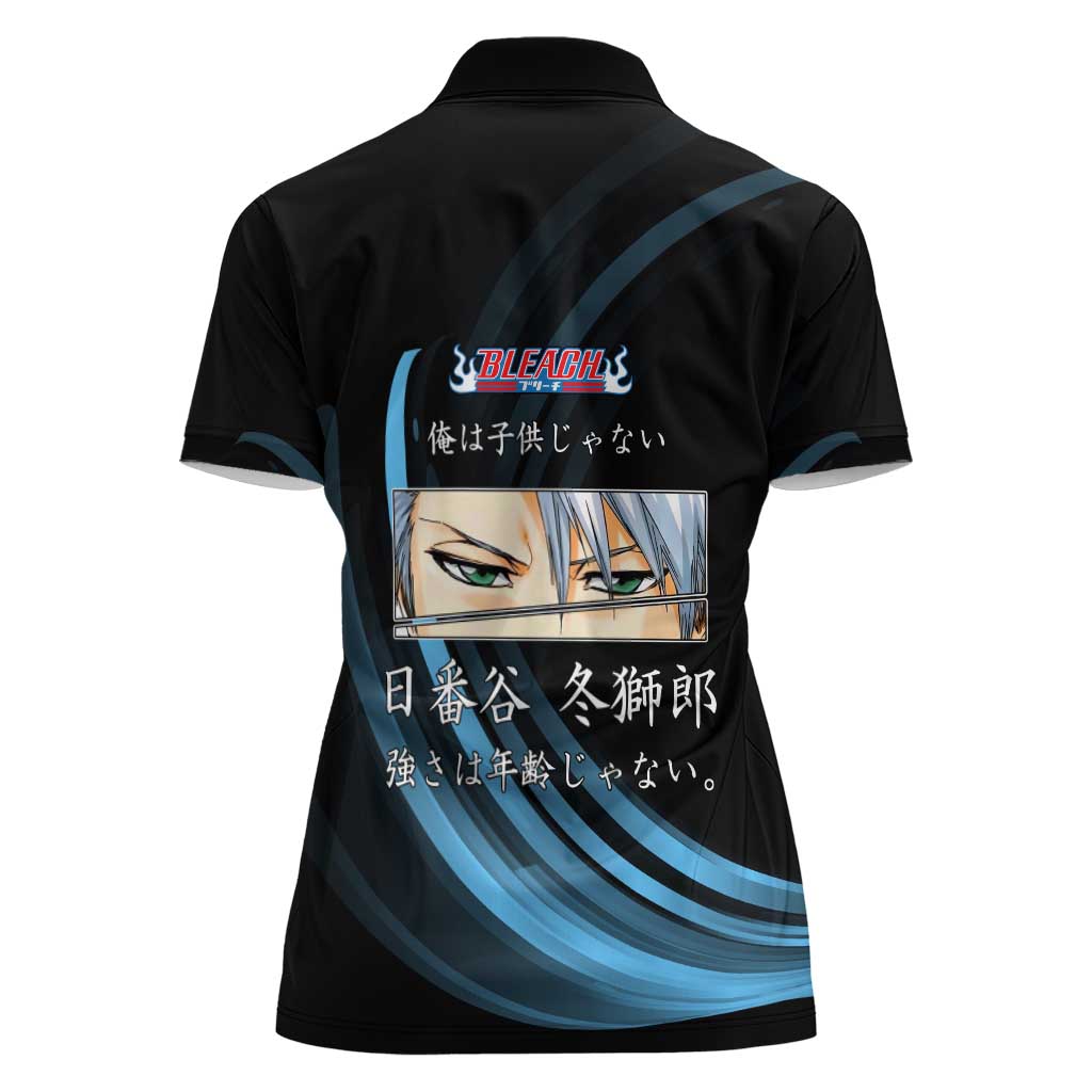 Toshiro Hitsugaya Bleach Anime Black and Blue Theme Women Polo Shirt with Ice Dragon Elements and Japanese Quote Design - The Mazicc