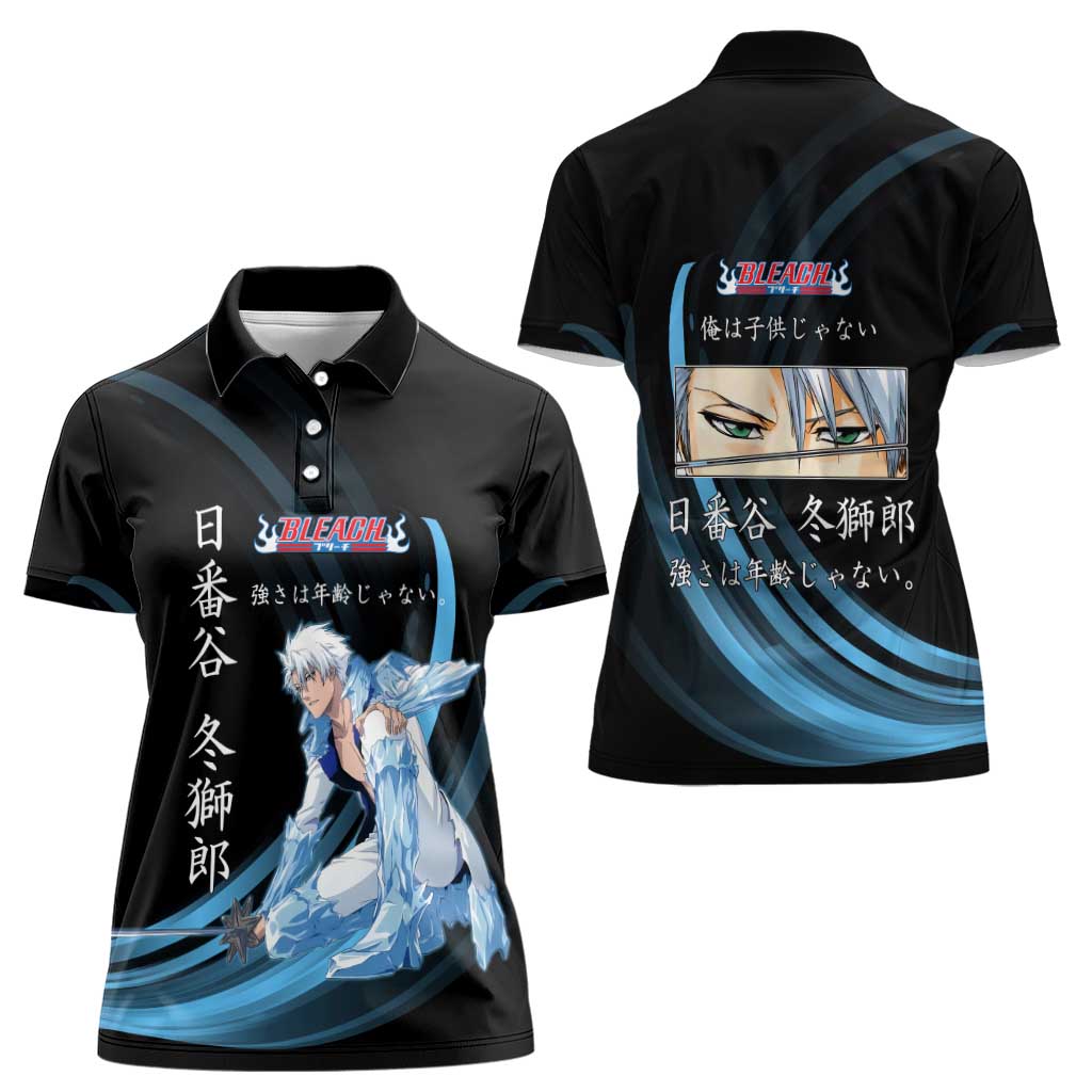 Toshiro Hitsugaya Bleach Anime Black and Blue Theme Women Polo Shirt with Ice Dragon Elements and Japanese Quote Design - The Mazicc