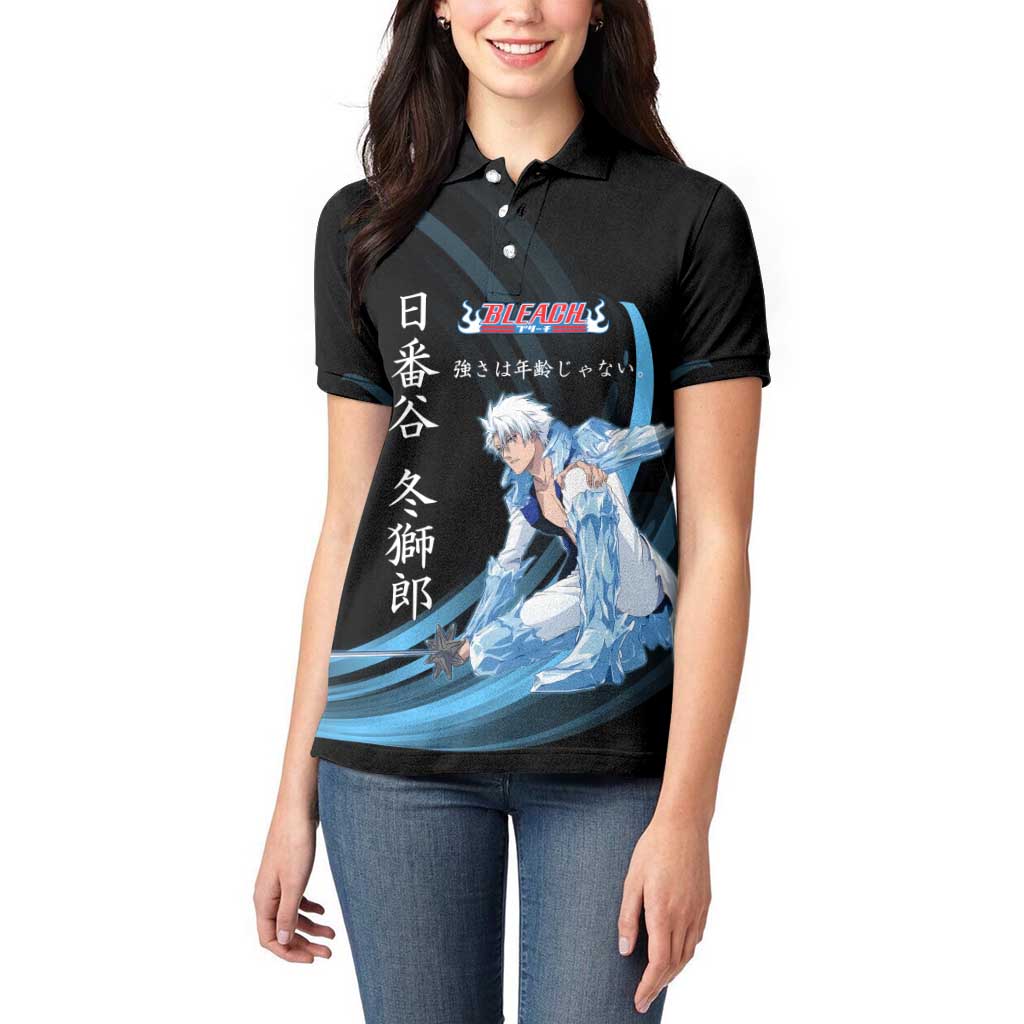 Toshiro Hitsugaya Bleach Anime Black and Blue Theme Women Polo Shirt with Ice Dragon Elements and Japanese Quote Design - The Mazicc