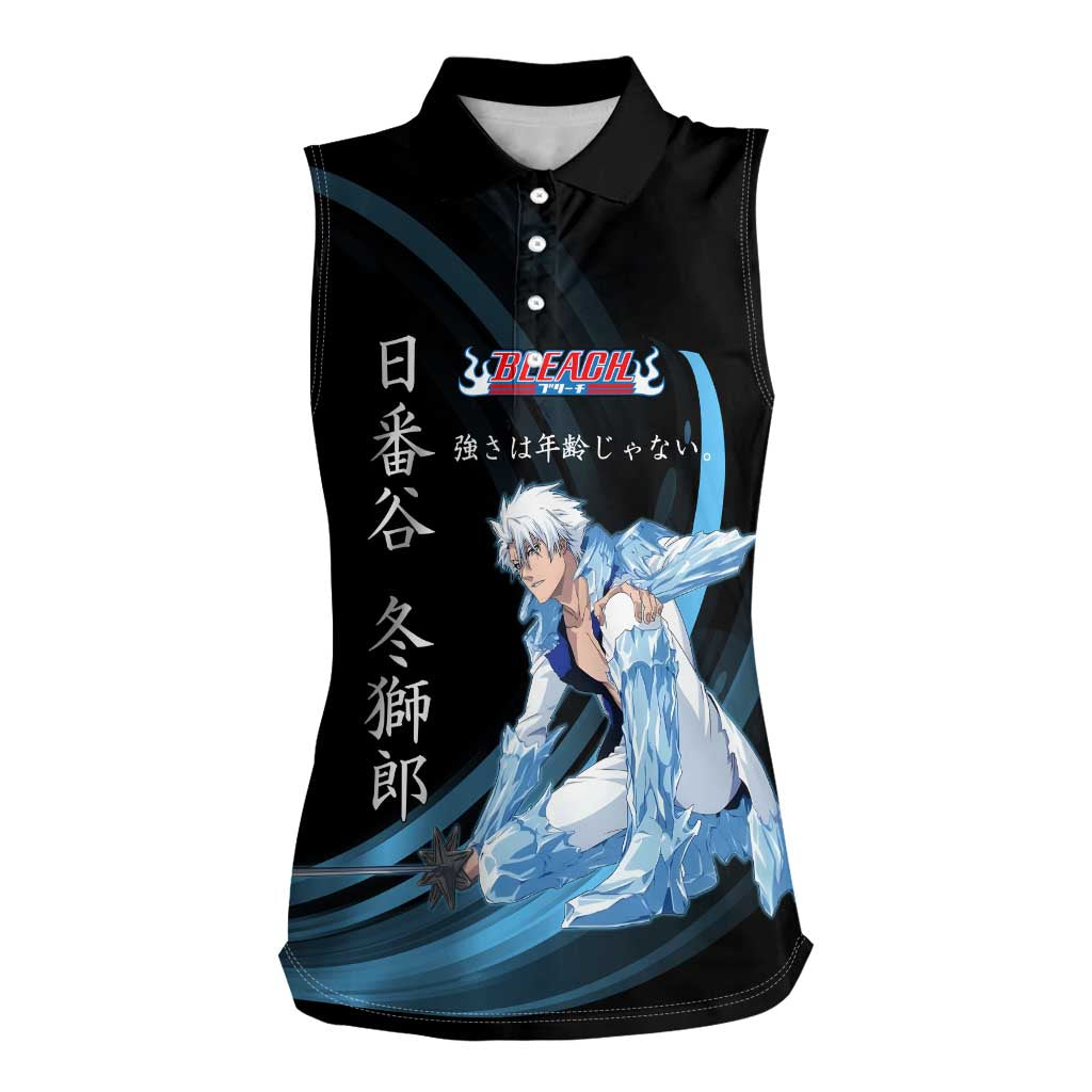 Toshiro Hitsugaya Bleach Anime Black and Blue Theme Women Sleeveless Polo Shirt with Ice Dragon Elements and Japanese Quote Design - The Mazicc