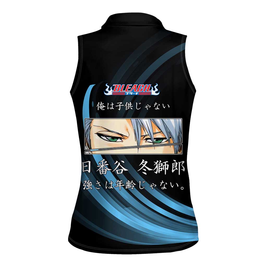 Toshiro Hitsugaya Bleach Anime Black and Blue Theme Women Sleeveless Polo Shirt with Ice Dragon Elements and Japanese Quote Design - The Mazicc