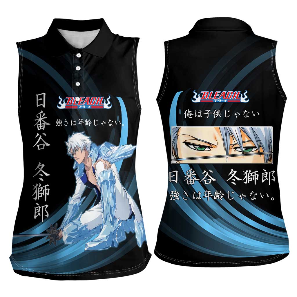 Toshiro Hitsugaya Bleach Anime Black and Blue Theme Women Sleeveless Polo Shirt with Ice Dragon Elements and Japanese Quote Design - The Mazicc