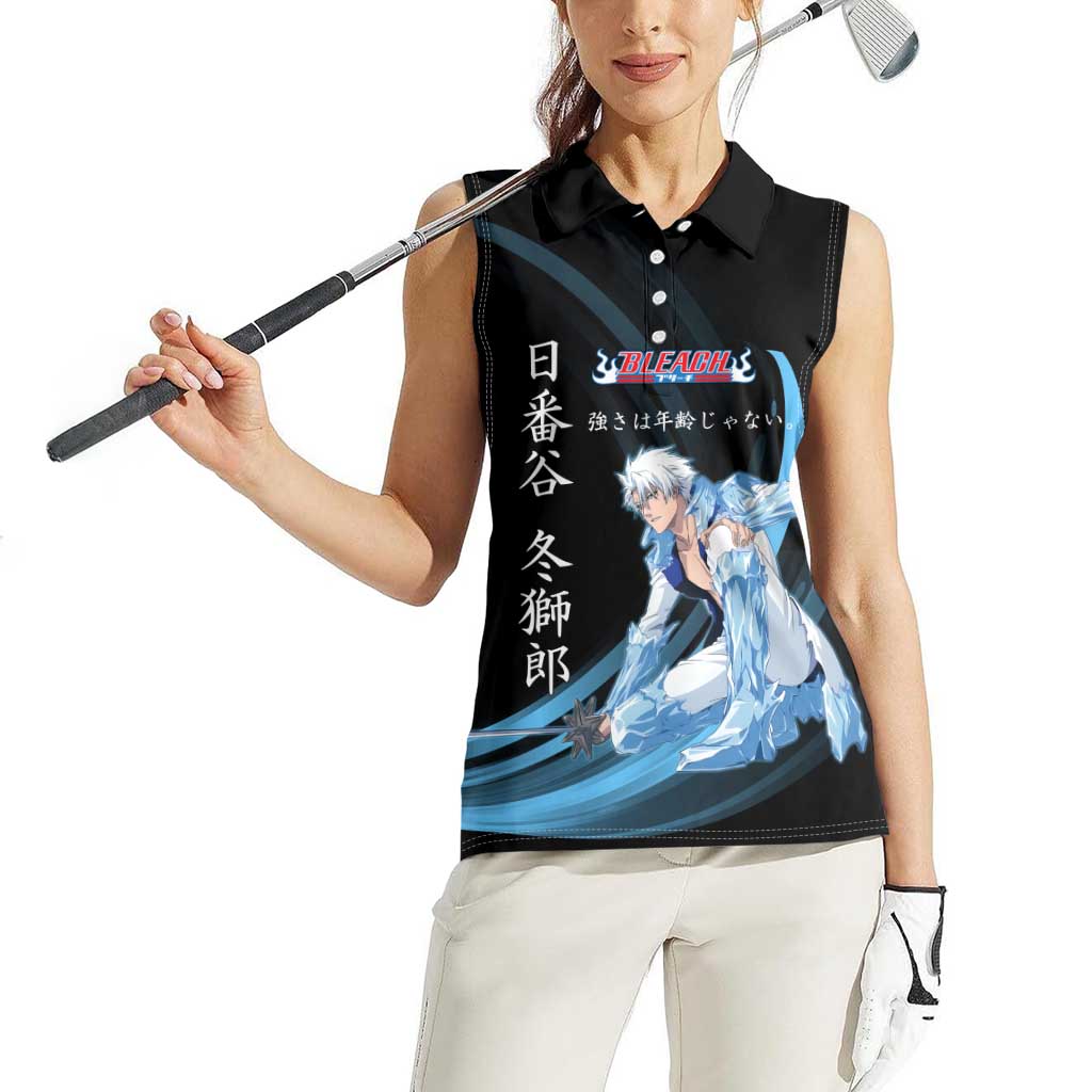 Toshiro Hitsugaya Bleach Anime Black and Blue Theme Women Sleeveless Polo Shirt with Ice Dragon Elements and Japanese Quote Design - The Mazicc
