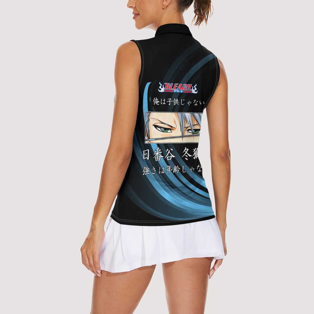 Toshiro Hitsugaya Bleach Anime Black and Blue Theme Women Sleeveless Polo Shirt with Ice Dragon Elements and Japanese Quote Design - The Mazicc