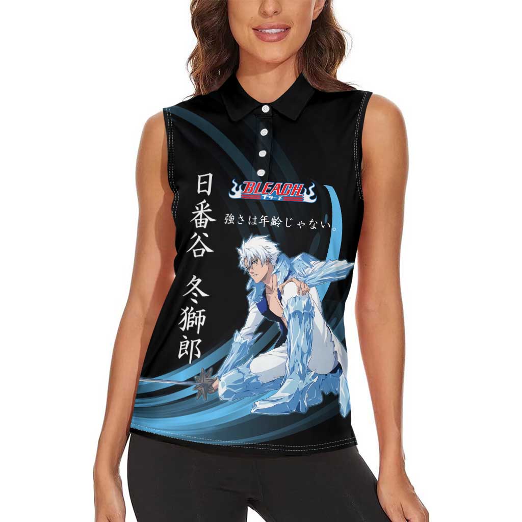 Toshiro Hitsugaya Bleach Anime Black and Blue Theme Women Sleeveless Polo Shirt with Ice Dragon Elements and Japanese Quote Design - The Mazicc