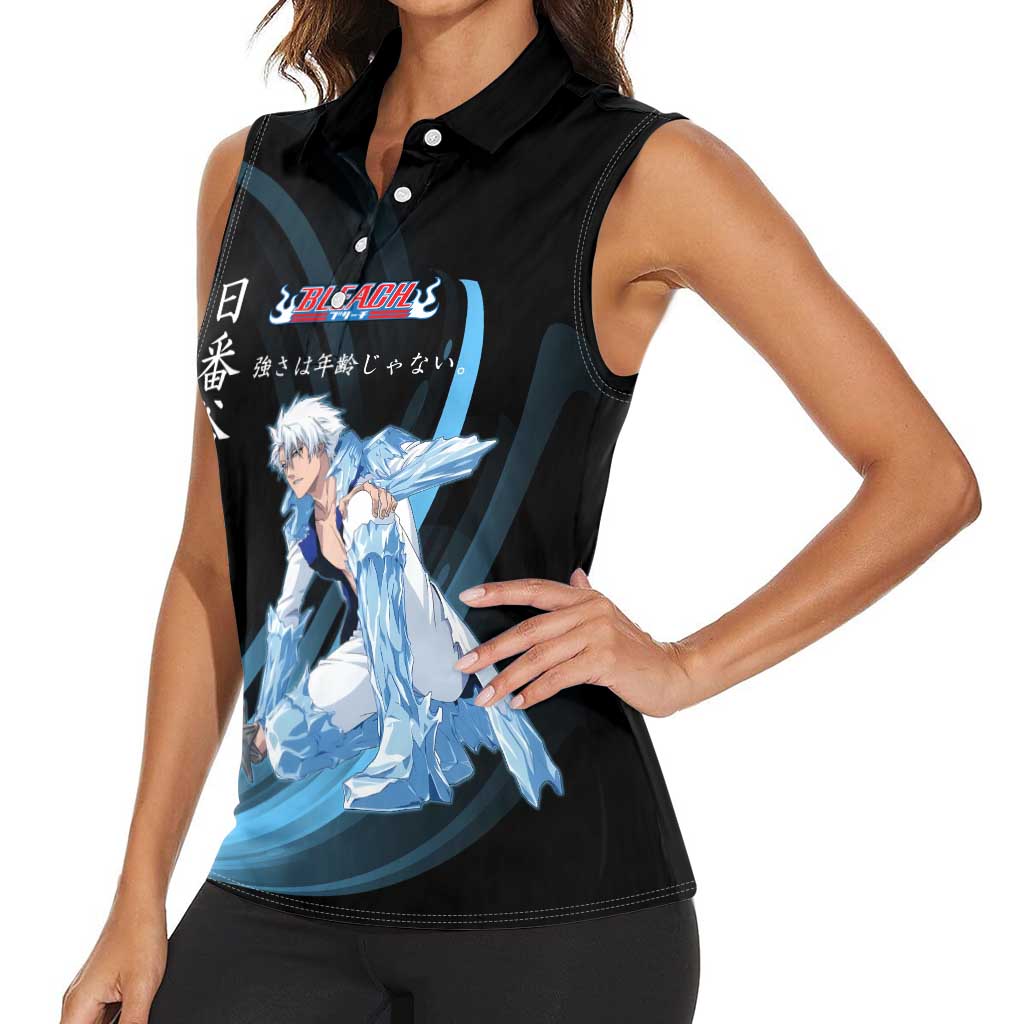 Toshiro Hitsugaya Bleach Anime Black and Blue Theme Women Sleeveless Polo Shirt with Ice Dragon Elements and Japanese Quote Design - The Mazicc